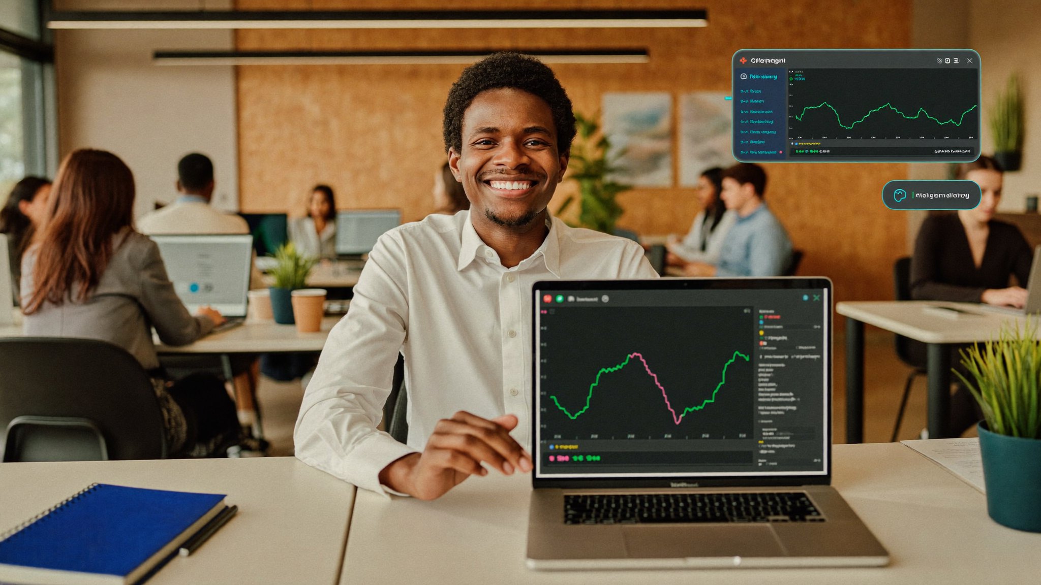 Confident young Rwandan entrepreneur using AI tools on a laptop and smartphone in a vibrant Kigali co-working space