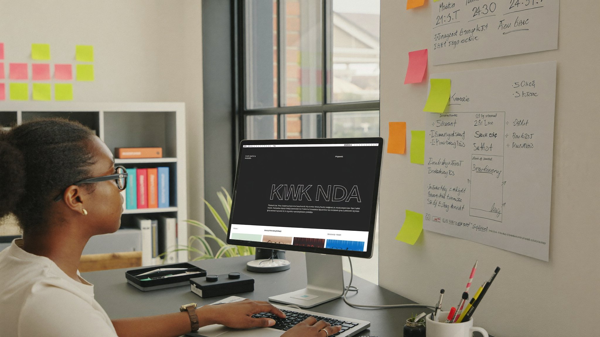 A focused young Rwandan web designer building a website on a laptop beside a planning timeline of sticky notes in a bright Kigali design studio