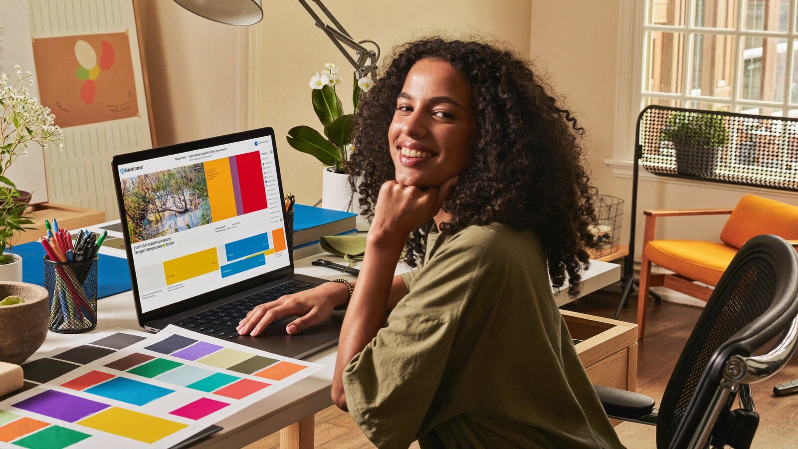 A young Rwandan female designer choosing colour swatches and fonts at her desk with a vibrant website design on her laptop in a bright Kigali studio