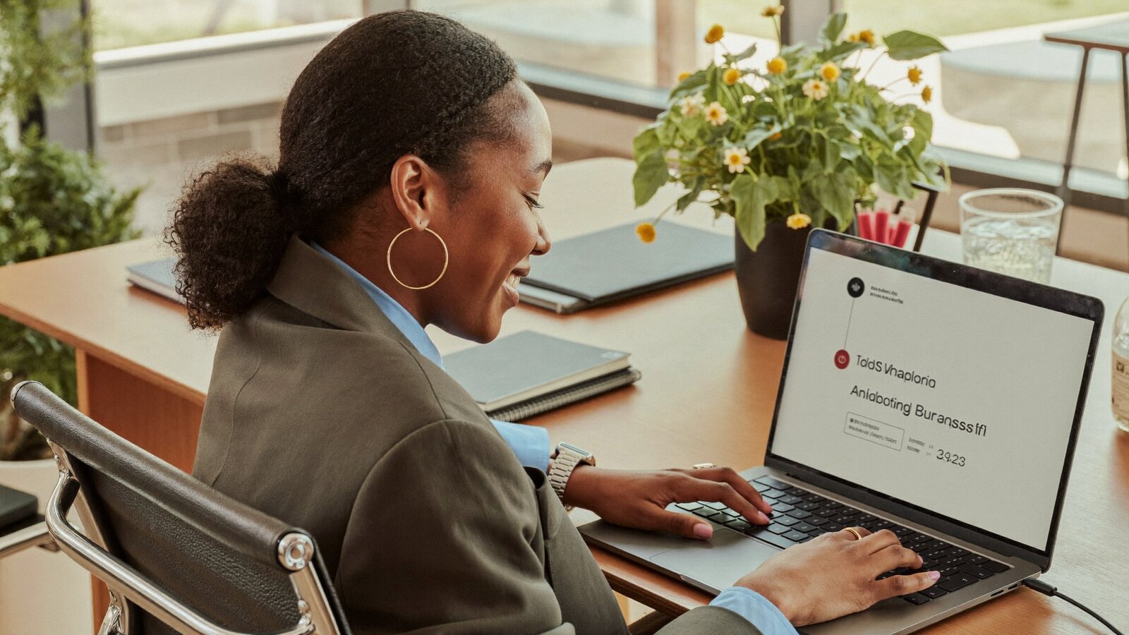 Young Rwandan female entrepreneur smiling while updating her Google Business Profile on a laptop in a bright modern Kigali office