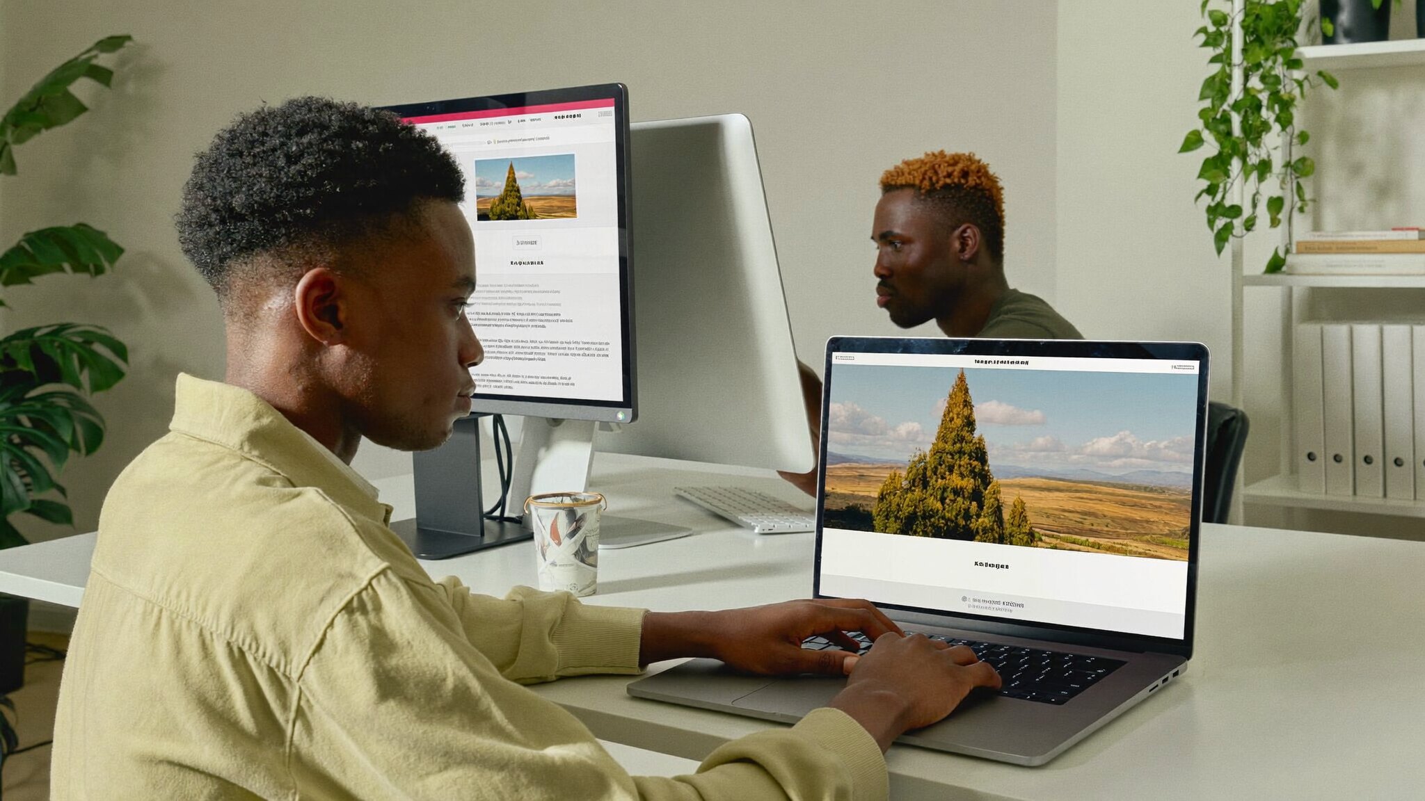 A focused young Rwandan web developer maintaining and updating a business website on a laptop with a site-health dashboard on a second monitor in a bright Kigali office