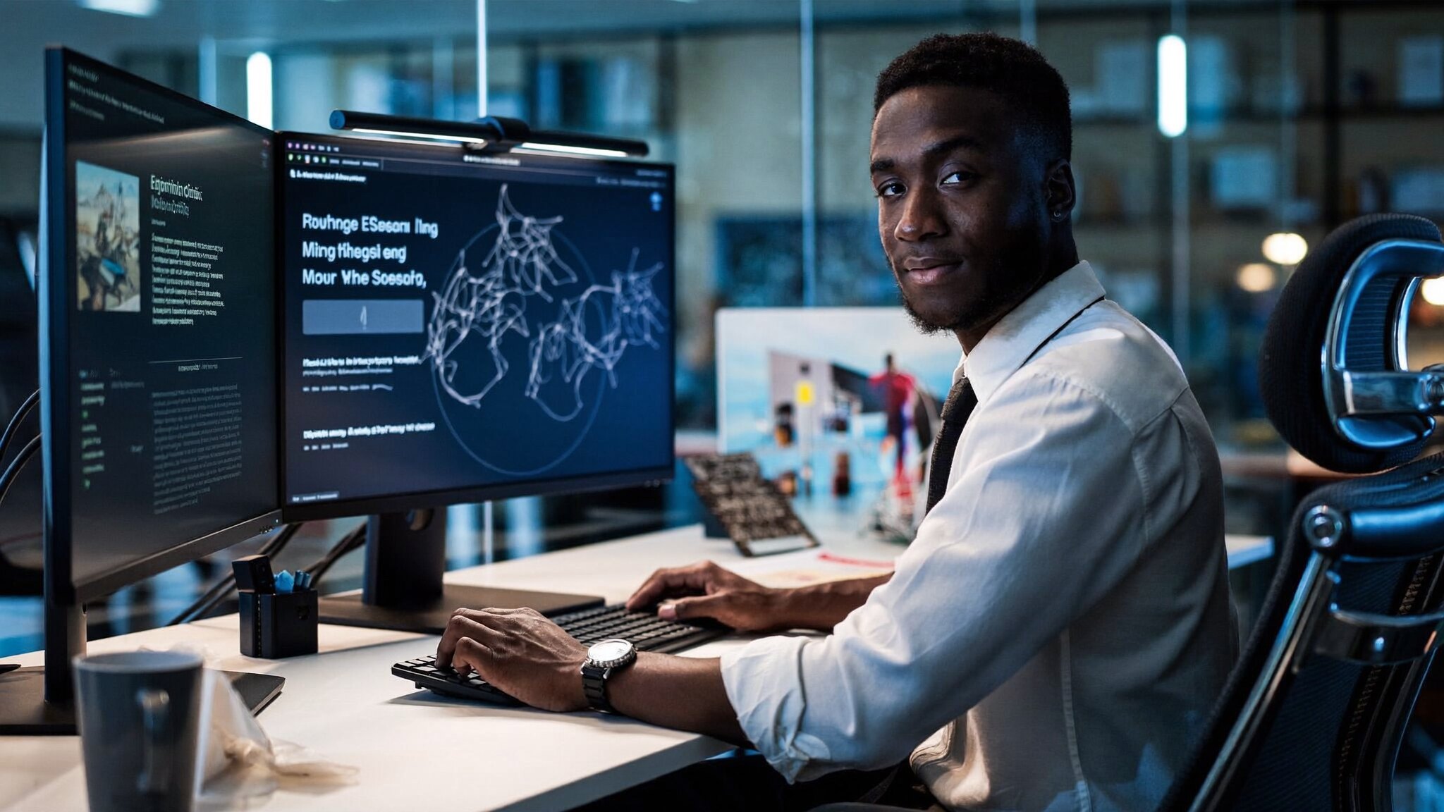 A confident young Rwandan IT professional reviewing website security on dual monitors in a modern Kigali office