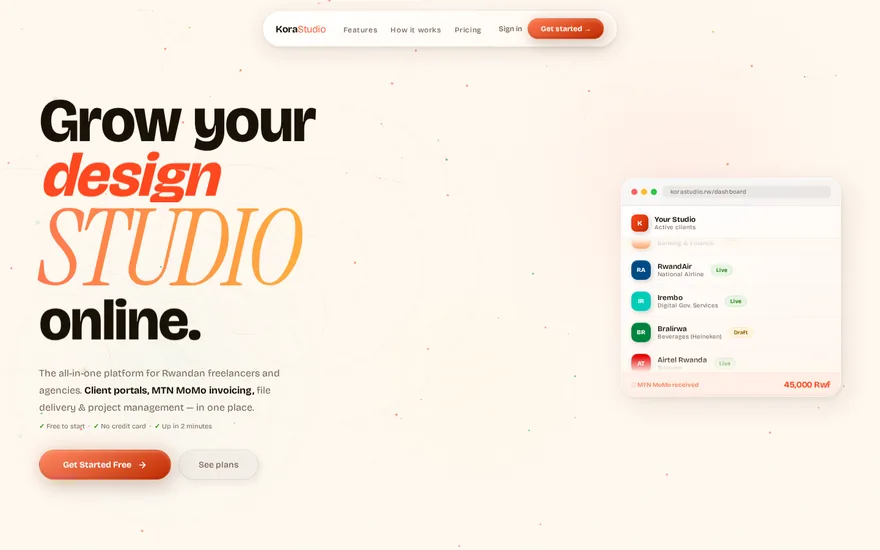 Kora Studio freelancer workspace SaaS website design Rwanda — Frame Africana